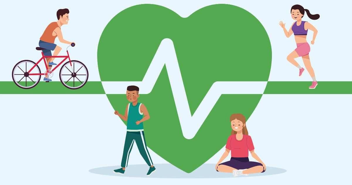 An illustration of people biking, jogging, meditating, and running, with a heart and heartbeat line in the center.